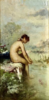 une image représentant un tableau où l'on voit une femme nue assise sur un rocher au bord d'une rivière