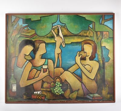 un tableau représentant trois personnes en train de pique-niquer au bord de l'eau