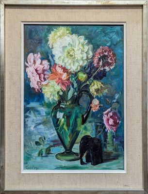 painting of a vase of flowers with a black cat in front of it