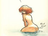 drawing of a nude woman sitting in the water with a sign above her head
