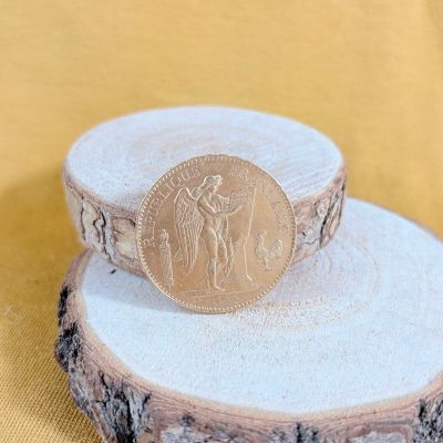 a gold coin sitting on top of a piece of wood