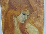 an oil painting of a woman with long red hair in a white frame