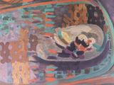 a painting of a plate of food on a table