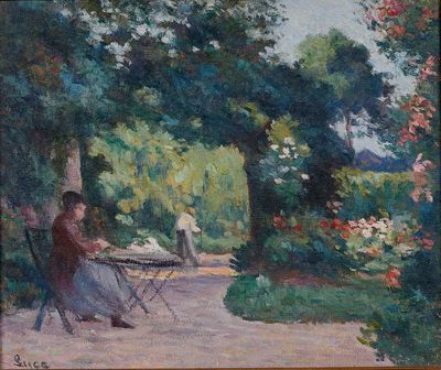 tableau représentant une femme assise à une table dans un jardin