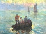 painting of a group of people in a boat on a body of water