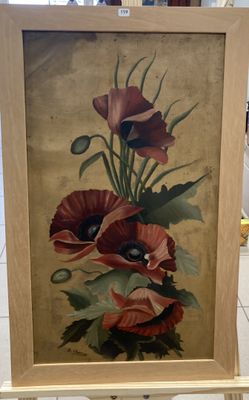 une photo d'un tableau représentant des fleurs posé sur un chevalet