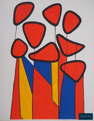 a picture of a painting of red and blue flowers