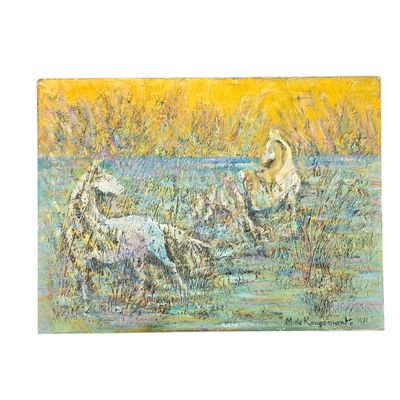 un tableau représentant deux cygnes dans l'eau