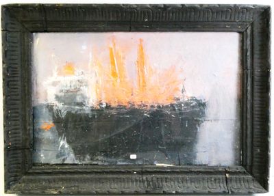 a painting of a boat on fire in a black frame