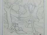 pencil drawing of a man and a woman sitting under a tree