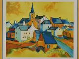 an image of a painting of a village with a church in the background