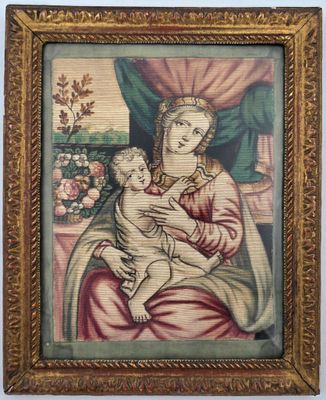 une peinture représentant une femme tenant un bébé dans ses bras