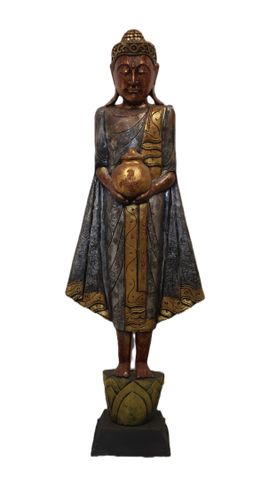 BIRMANIE - XXe siècle - Grande statue de bouddha en bois laqué ar...