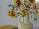 a painting of flowers in a vase on a table