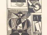 drawing of a black and white picture of a table with a bowl of food