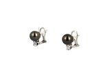 a pair of black pearl and diamond earrings on a white background