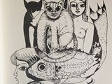a drawing of two cats and a fish on a table