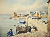 a painting of a man sitting on a dock next to a boat