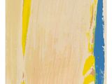 an abstract painting with yellow, blue and green paint on a white background