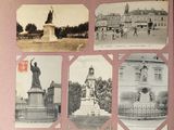 many old photographs of a statue in the middle of a city