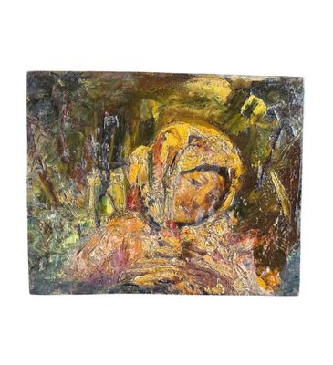 une peinture à l'huile représentant une femme coiffée d'une coiffe jaune