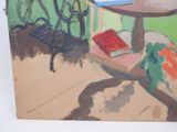 a painting of a table with a bowl of fruit on it