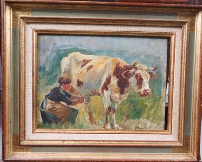 a painting of a woman milking a cow in a field