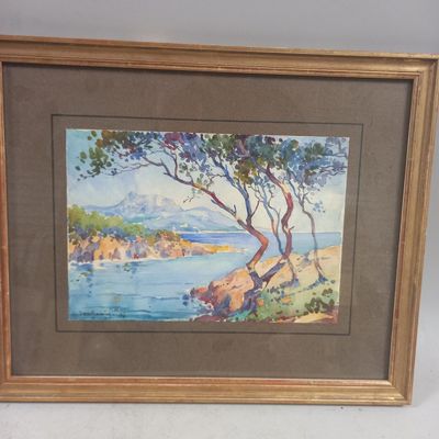painting of a view of a beach with trees and a body of water