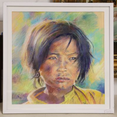 painting of a young girl in a yellow shirt in a white frame