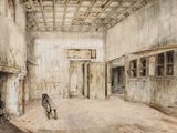 drawing of a room with a fireplace and a chair in it