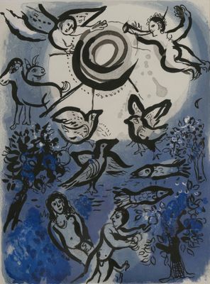 an image of a painting of birds flying over a blue sky