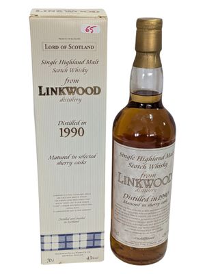 une bouteille de Linkwood 1990 avec son coffret et sa boîte