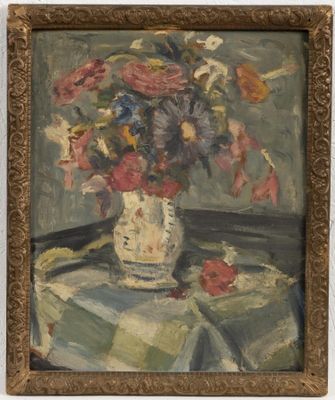 painting of a vase of flowers on a table with a cloth