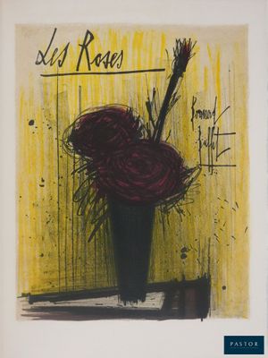 tableau représentant un vase rempli de fleurs dans lequel se trouve une guitare