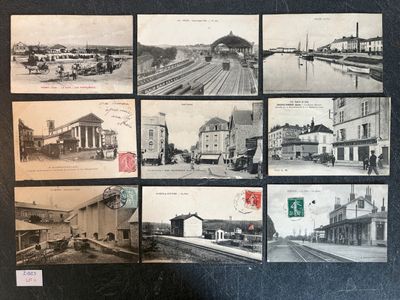 several old black and white photos of a train station and train tracks