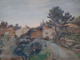 an oil painting of a country road with houses in the distance