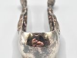 a close up of a silver spoon with a person in it