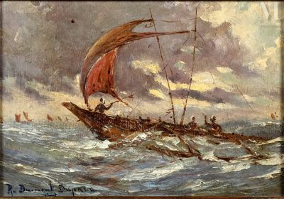 tableau représentant un bateau à voile rouge au milieu de l'océan