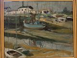 a painting of a boat in a harbor with a house in the background