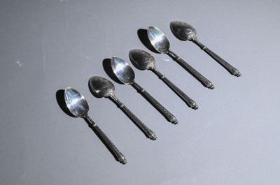 six cuillères sont alignées sur une table