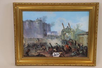 painting of a painting of a battle with a castle in the background