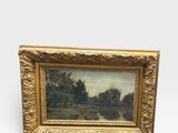 une peinture d'un paysage avec une rivière au premier plan