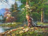 a painting of a mountain scene with a lake and trees