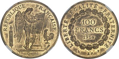 a gold coin with an image of a man holding a sword