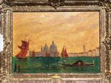 painting of a view of venice with a gondola in the foreground and a boat in the foreground