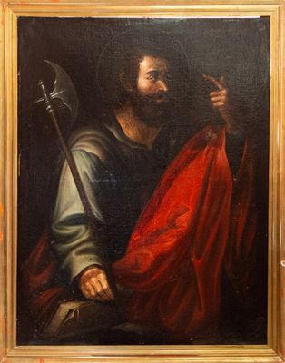 an oil painting of a man holding a sword and a red cloak