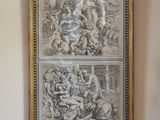 two paintings on the wall above the toilet in the bathroom