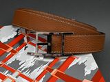 brown leather belt with a silver buckle on a red and white plaid tie