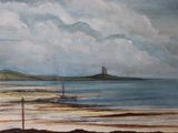 une peinture d'un bateau dans l'eau sur la plage