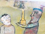 un tableau représentant un homme et une femme tenant une bouteille
